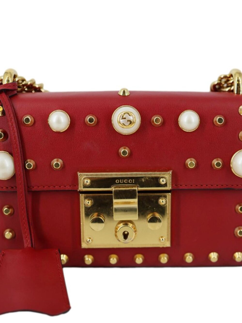 Gucci  Padlock Studded Small Calfskin Leather Shoulder Bag Red 432182